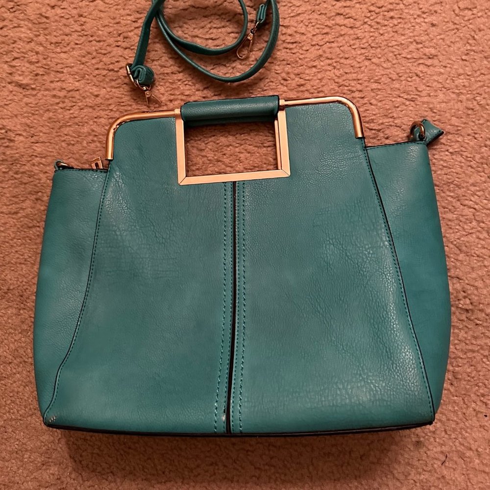 Teal handbag with fixed handle